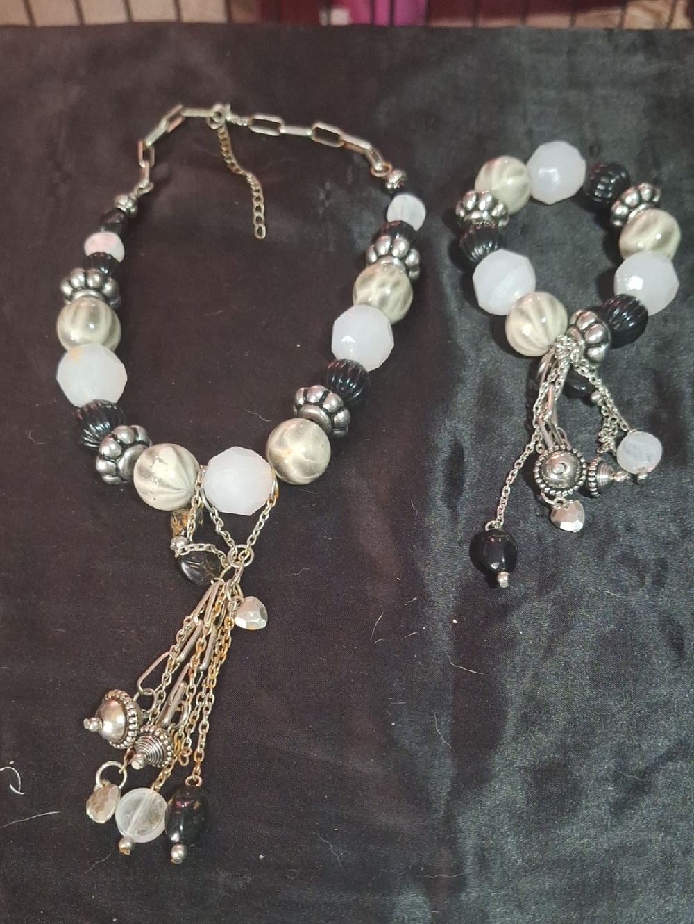 Silver-Tone White & Black Beaded Necklace and Bracelet Set